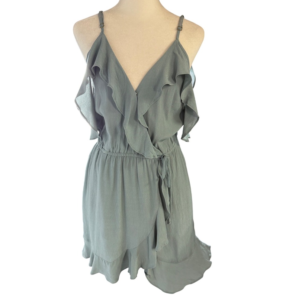 Roe + May Womens XS Mini Dress Sage Green Excellent Cold Shoulder Ruffle Wrap